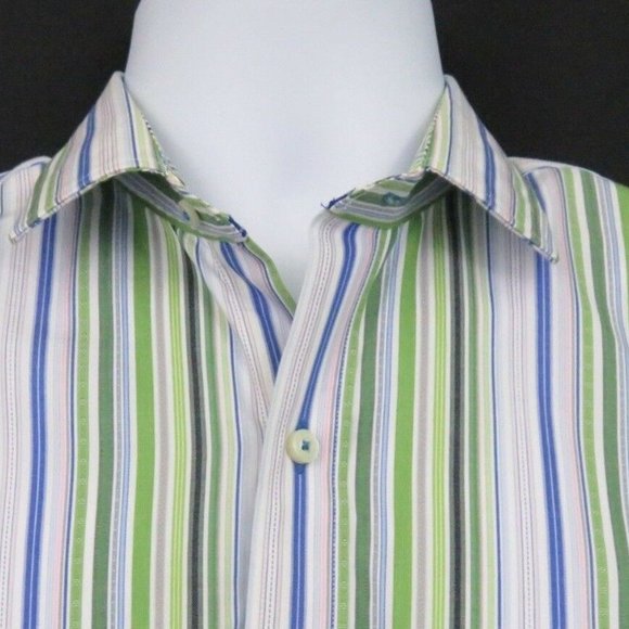 Thomas Dean Blue Green Stripe Flip Cuff Shirt XL - Picture 7 of 8